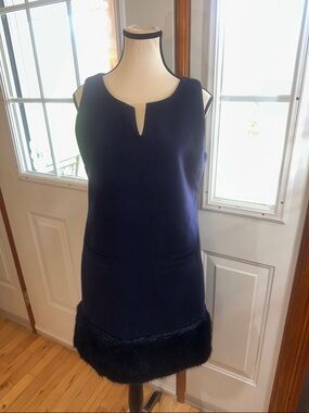 Sleeveless Navy Wool-blend Shift Dress with Faux Fur Hem